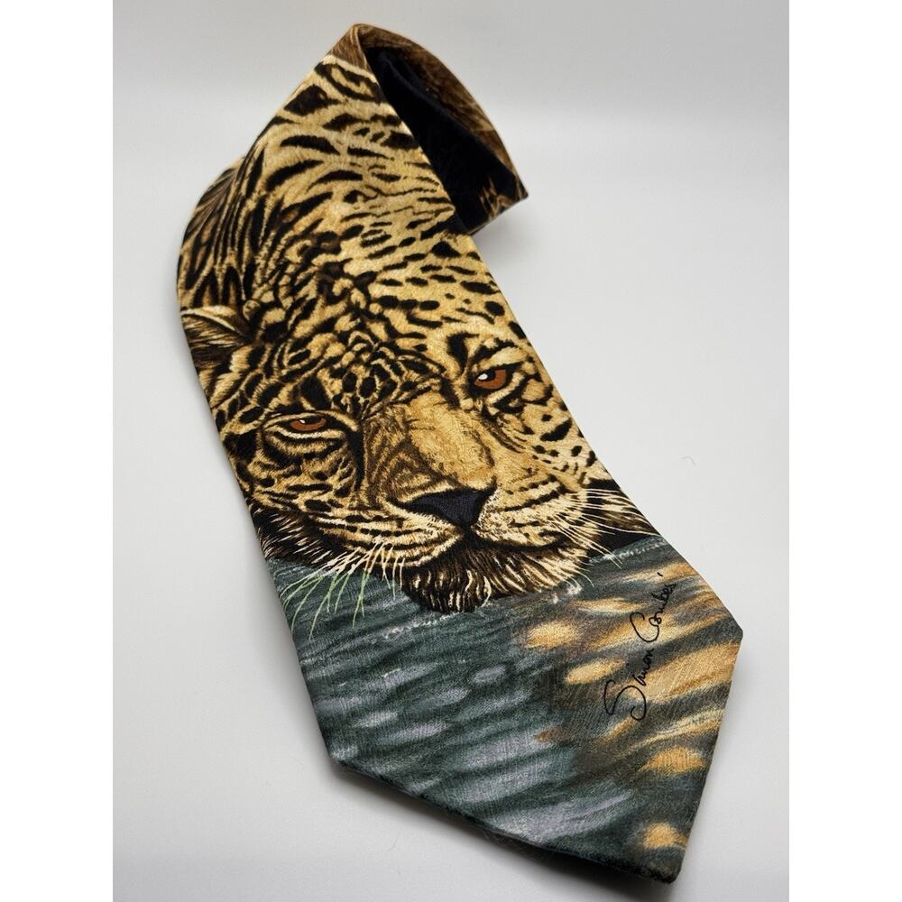 Endangered Species Eyes of Warning Tiger Simon Combes 1996 Silk Tie USA Vintage